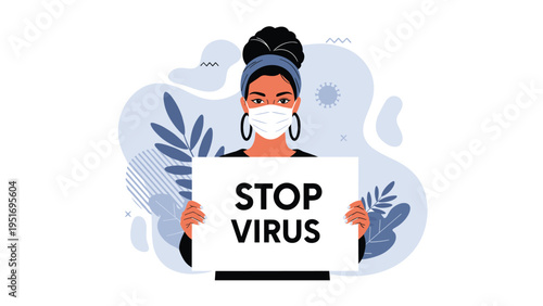 Young woman wearing a protective medical face mask while holding a sign that says stop virus on a blue abstract background.