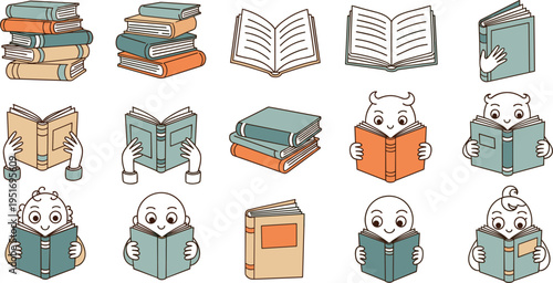 Cute Hand Drawn Books and Cartoon Characters Reading Icon Set with Open Books, Book Stacks, and Reading Kids for Education and Library Design