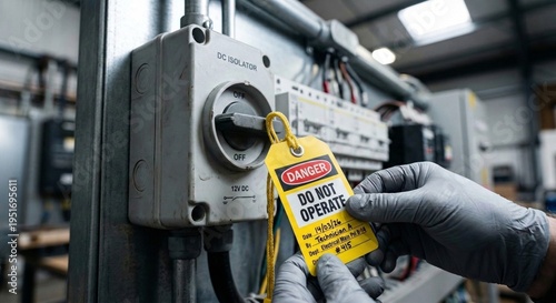 Lockout tagout safety procedure on industrial electrical isolator switch with warning tag
