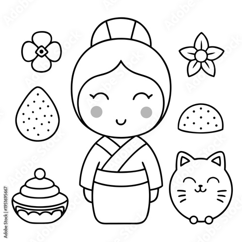 A full-bodied kokeshi doll in a kimono is positioned among various Japanese cultural icons including cherry blossoms and a smiling cat.