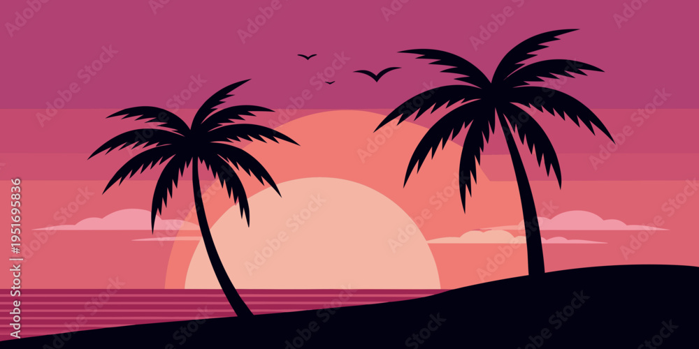 Fototapeta premium minimal silhouette of two palm trees in a pink sunset