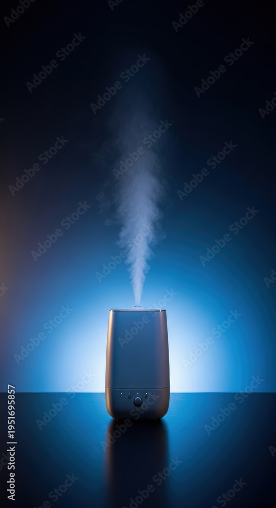 custom made wallpaper toronto digitalSleek white humidifier mist blue ambient light dark room calm atmosphere minimalist design home comfort diffuser vapor indoor air relaxation