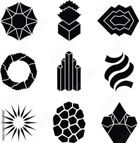 Abstract geometric crystal and mineral stone silhouette icon set