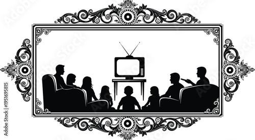 Black silhouette family watching television in ornate frame