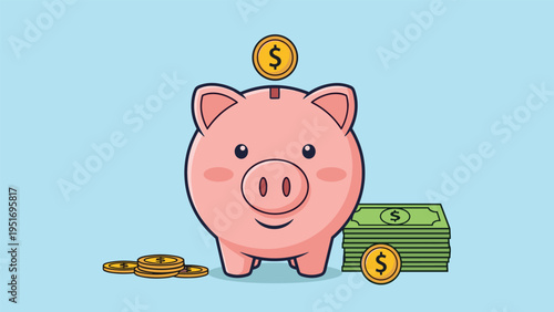 Pink piggy bank with a gold coin being deposited and a stack of cash bills for financial savings and banking concept illustration.