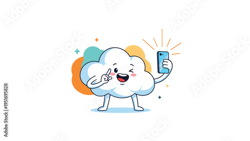 Cute and happy cartoon cloud character taking a selfie with a smartphone against a colorful abstract background illustration.