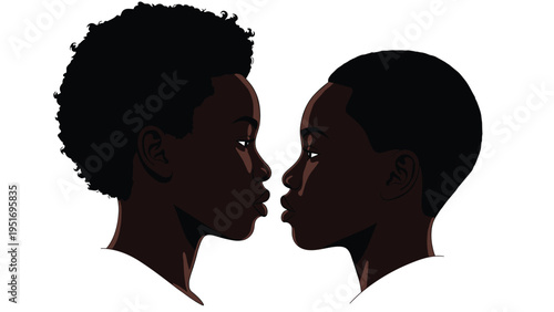Profiles of a man and a woman facing each other in silhouette with dark complexions against a plain white background.