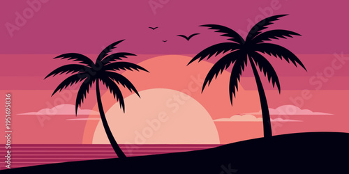 minimal silhouette of two palm trees in a pink sunset