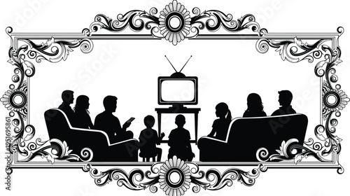 Black silhouette of family watching television in ornate frame