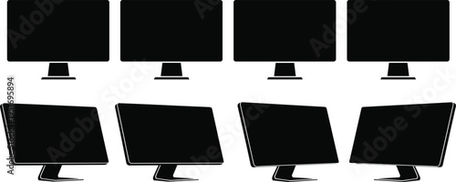 Black computer monitors on white background screen