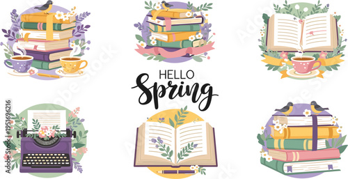 Hello Spring Book and Floral Illustration Set with Open Books, Flowers, Birds, and Cozy Reading Elements for Seasonal Design and Literary Decoration