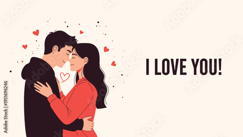Romantic couple embracing with love and affection surrounded by red hearts and a message of I love you for valentines day.