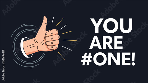 Human hand giving a thumbs up gesture through a circular hole with a message of being number one on a dark navy background.