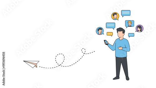 Young man uses his smartphone to communicate through digital chat bubbles and paper planes representing fast messaging technology.