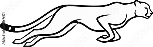 A black and white outline drawing of a cheetah in full stride, looking forward
