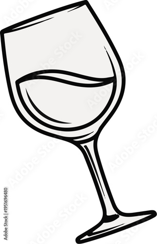 A black and white outline drawing of a glass of white wine tilted
