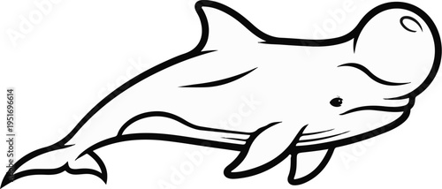 A simple black and white drawing of a happy dolphin swimming