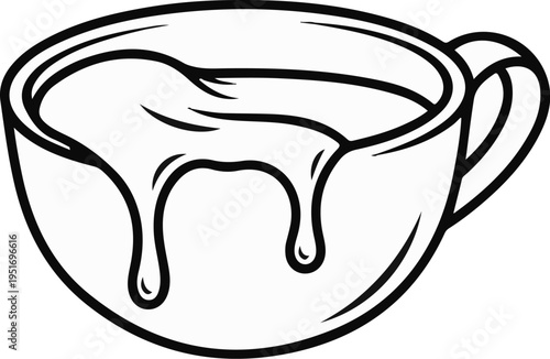 A black and white outline drawing of a cup overflowing with thick liquid, dripping down