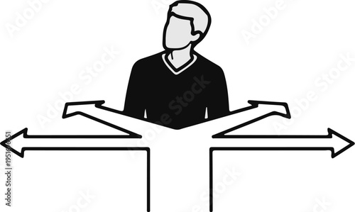 Person at a crossroads with multiple directional arrows