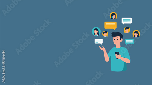 Social media marketing concept shows a man managing digital profiles and chat notifications on his smartphone with diverse user icons.