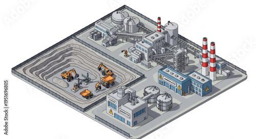 Isometric Industrial Complex - Mining, Processing, and Power Generation.