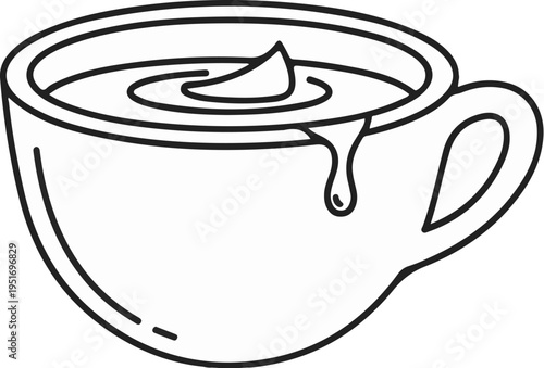 A simple line drawing of a cup filled with a swirl of liquid and a drip