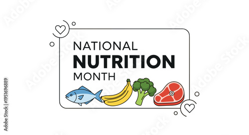 National Nutrition Month banner featuring healthy food icons like fish, bananas, broccoli, and a steak for wellness promotion.