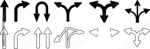 Collection of black and white directional arrows and road signs traffic