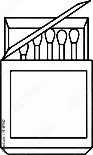 A simple line drawing shows an open matchbox with matches inside