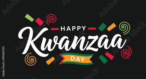 Happy Kwanzaa Day festive banner with stylized white text on a black background decorated with colorful swirls and shapes.