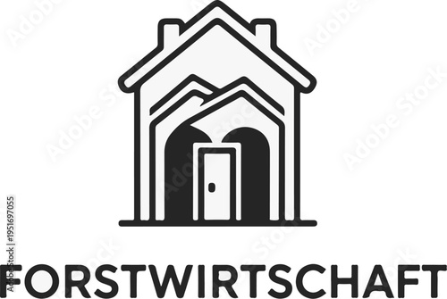 Stylized house graphic with mountain silhouette and text below