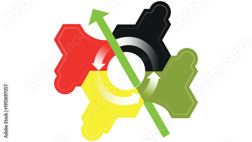 A hand holding cleaning tools like a spray bottle and glove with a washing machine symbol isolated on a white background