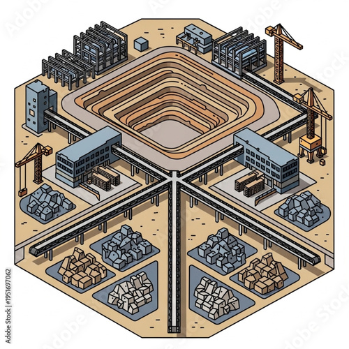 Isometric Mine Complex - A Detailed Industrial Landscape Illustration.