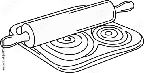 A rolling pin rests on a wooden board with a wood grain pattern