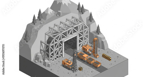 Isometric Mine Entrance with Mining Equipment Illustration.