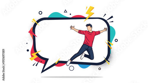 Excited man jumping for joy in front of a giant blank speech bubble with decorative lightning bolts for energetic news delivery.
