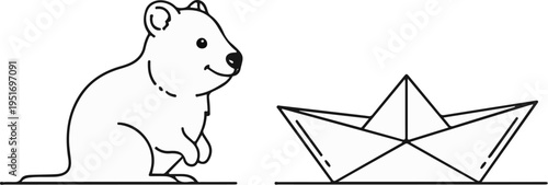 A smiling marsupial sits next to a folded paper boat on a flat surface