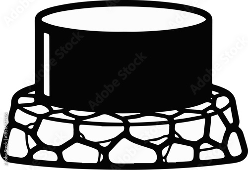 Stylized black and white illustration of a cylindrical object atop a stone base