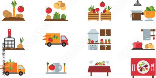 Farm to Table Vector Illustration Showing Food Preparation Cooking and Dining Process