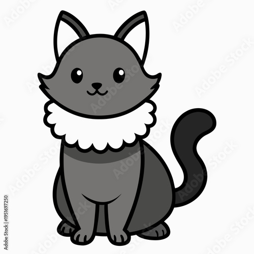 A stylized gray cartoon cat with pointy ears and a puffy white ruffled collar sits on a white background with large reflective eyes and a thick tail.