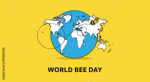 World Bee Day global awareness banner featuring a honeybee flying around a blue earth globe on a bright yellow background.