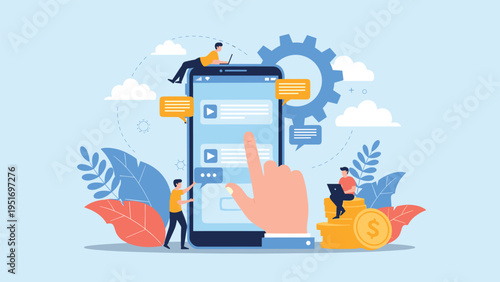 Team of developers collaborates on mobile application design and user interface testing around a giant interactive smartphone screen.