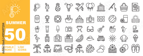 Summer Vacation, Tropical Beach, and Outdoor Travel Line Icons. Editable stroke icons for seasonal tourism, seaside resorts, and holiday leisure activities. Featuring palm trees, suitcases, passports