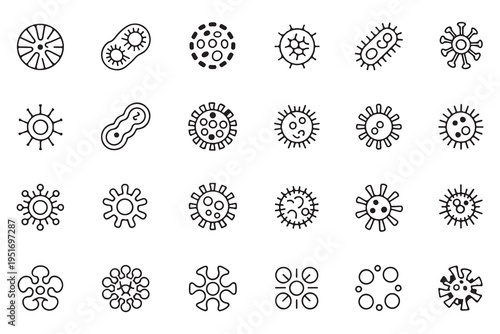 Set of 24 Bacteria and Virus Line Icons for Medical and Scientific Research