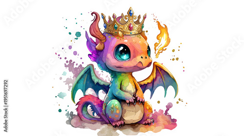 Adorable Rainbow Baby Dragon Wearing a Golden Crown Watercolor Illustration, Cute
Mythical Creature with Fire Breath, Fantasy Art for Nursery and Kids Decor, Isolated on
White Background.