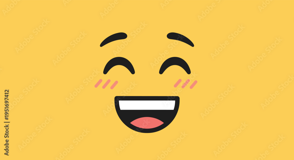 Obraz premium Close up of a smiling emoji face with blushing pink cheeks and closed happy eyes on a solid bright yellow background.