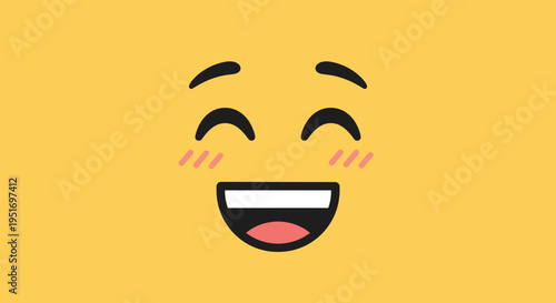 Close up of a smiling emoji face with blushing pink cheeks and closed happy eyes on a solid bright yellow background.