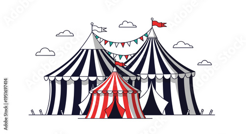 Classic circus tents in black and white stripes and red colors with festive buntings and flags on a white background scene.