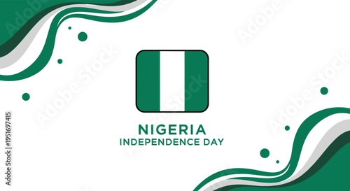 Nigeria Independence Day celebratory background with the national flag icon and green abstract wave patterns on white.