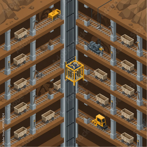 Isometric Mine Shaft with Elevator and Mining Carts Illustration.